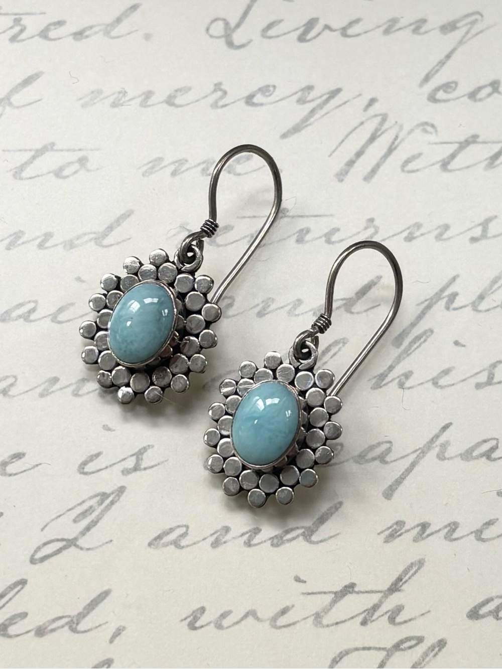 Sterling Silver Floral Drop Earrings with Light Blue Larimar Oval Gemstones
